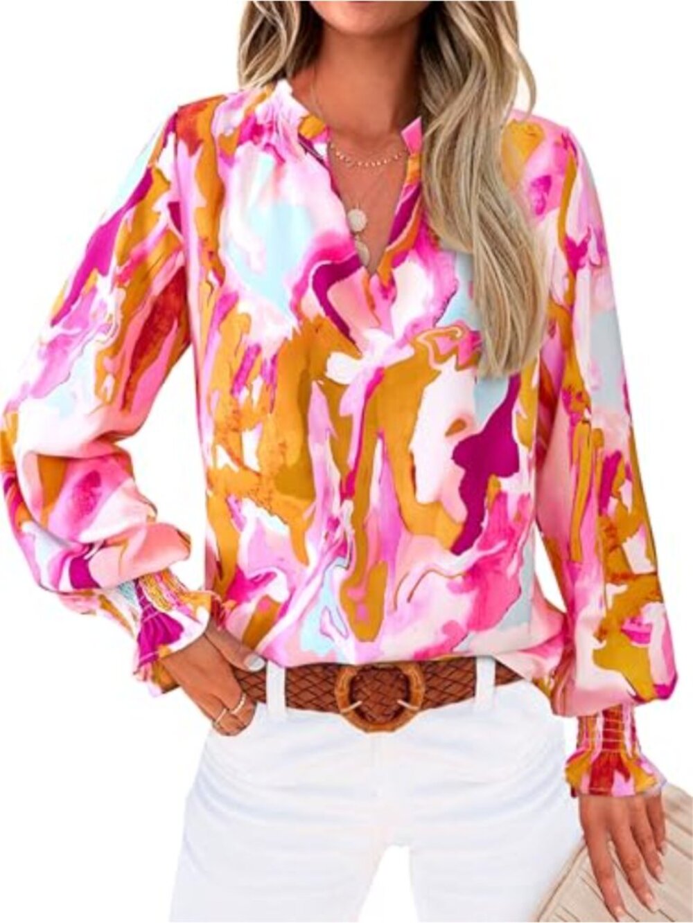 Womens V Neck Floral Long Sleeve Blouse Puff Sleeve Chiffon Boho Work Top